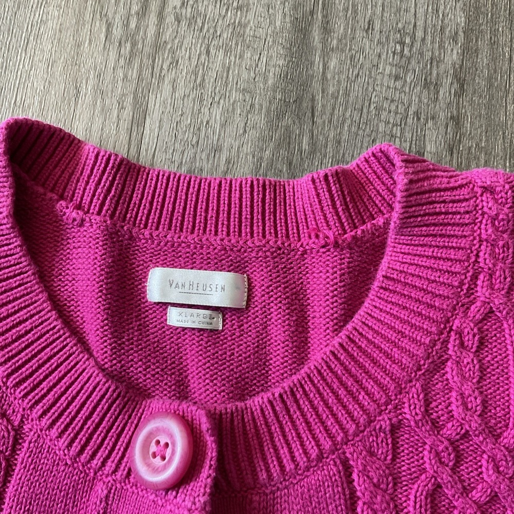 Van Heusen For Her Fuchsia Pink Cable Knit Cardigan Sweater XL Cotton - Picture 7 of 10